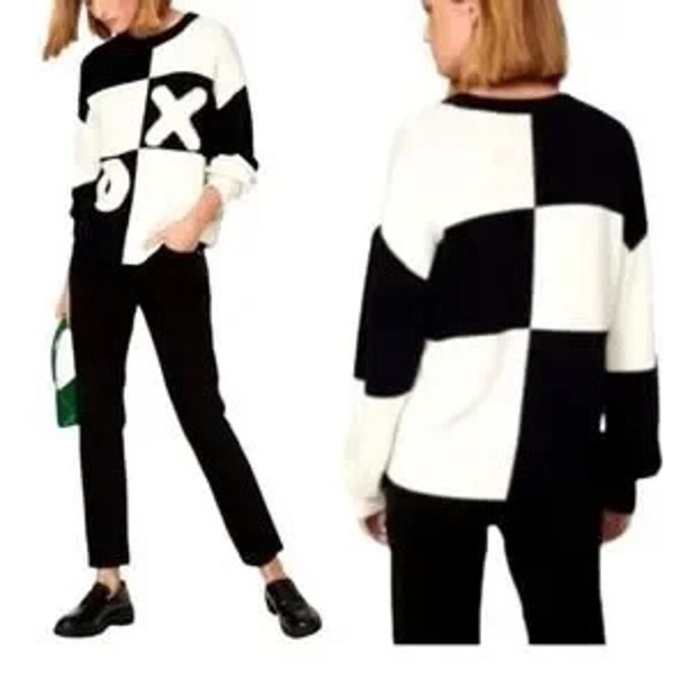 NWOT Staud Tic Tac Toe Black & White XO Checkered Crewneck Sweater Large